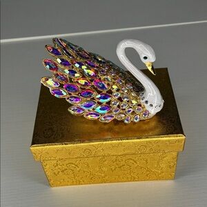 Iridescent Crystal Swan Trinket Box in White and Multicolor